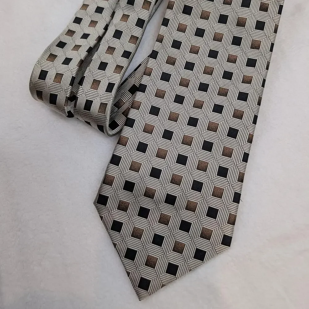 Valerio Garati Hand Made Pure Silk Geometric Square Pattern Tie Silver Bronze
